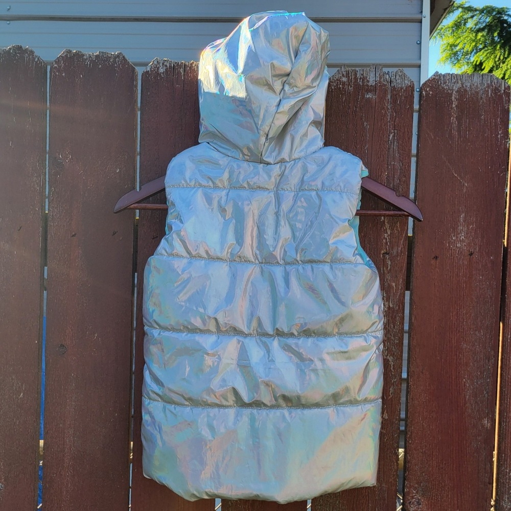 Disney Frozen silver metallic iridescent hooded puffer full zip vest SIZE 6 - Picture 6 of 8